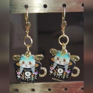 Handmade Cute Angel Kitty Cat in A Coffee Tea Cup Pierced Earrings